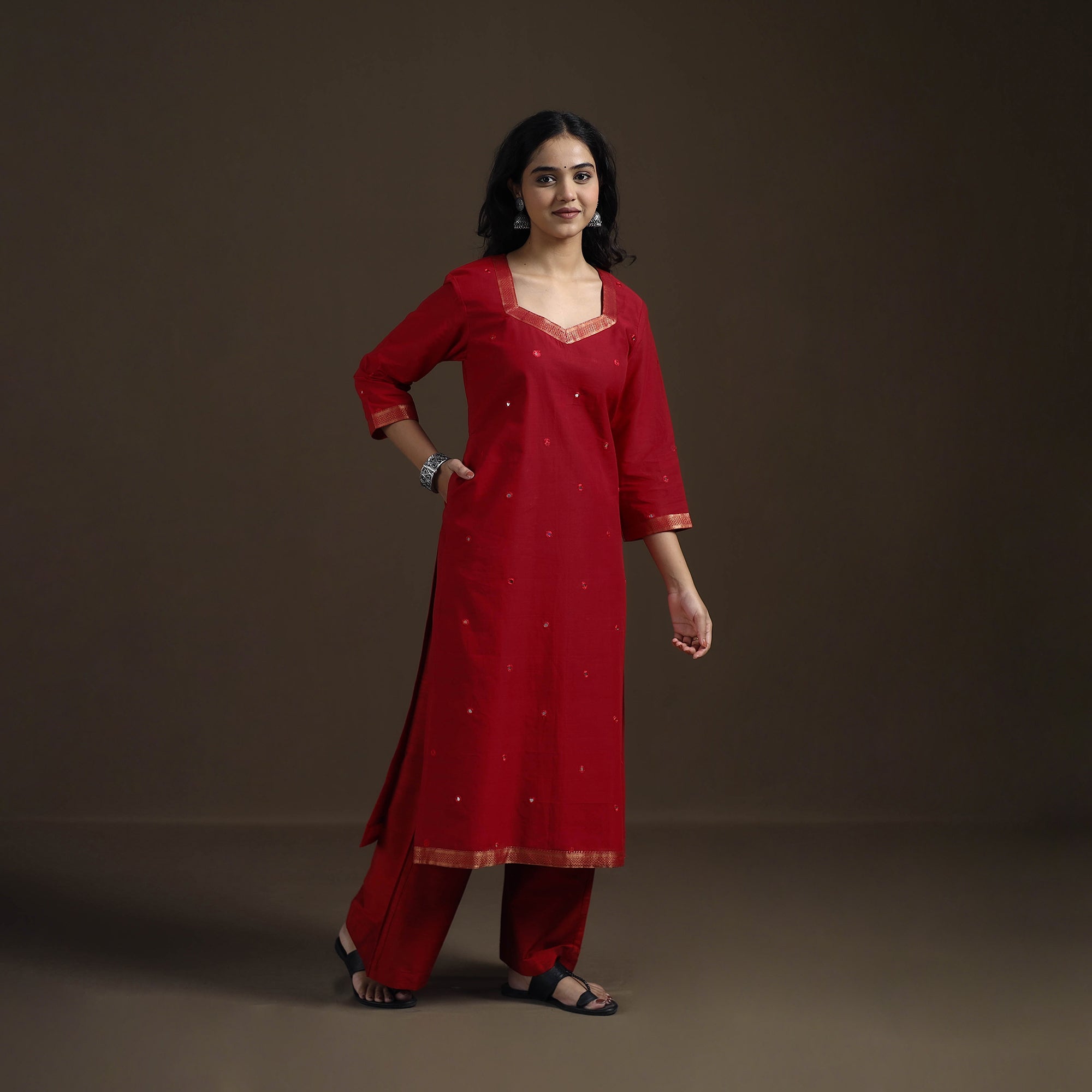 Red - Mangalagiri Pure Handwoven Cotton Mirror Work Straight Long Kurta for women 05