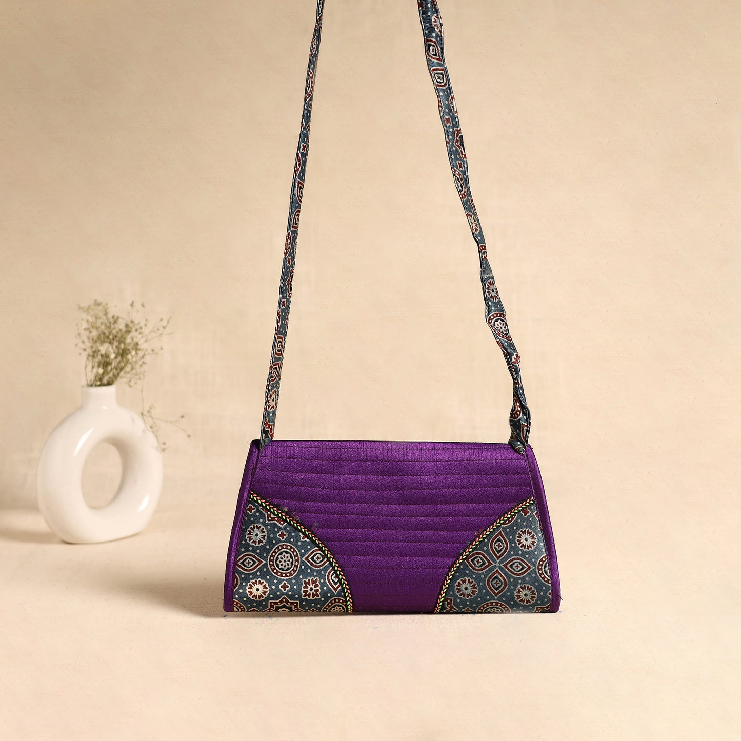 Traditional Kutch Patchwork Silk Leather Flap Sling Bag 31
