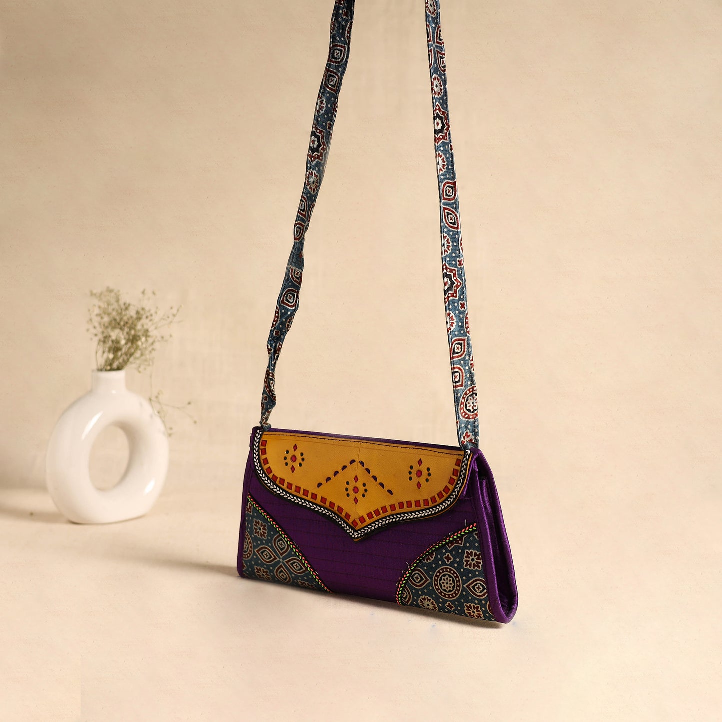 Traditional Kutch Patchwork Silk Leather Flap Sling Bag 31