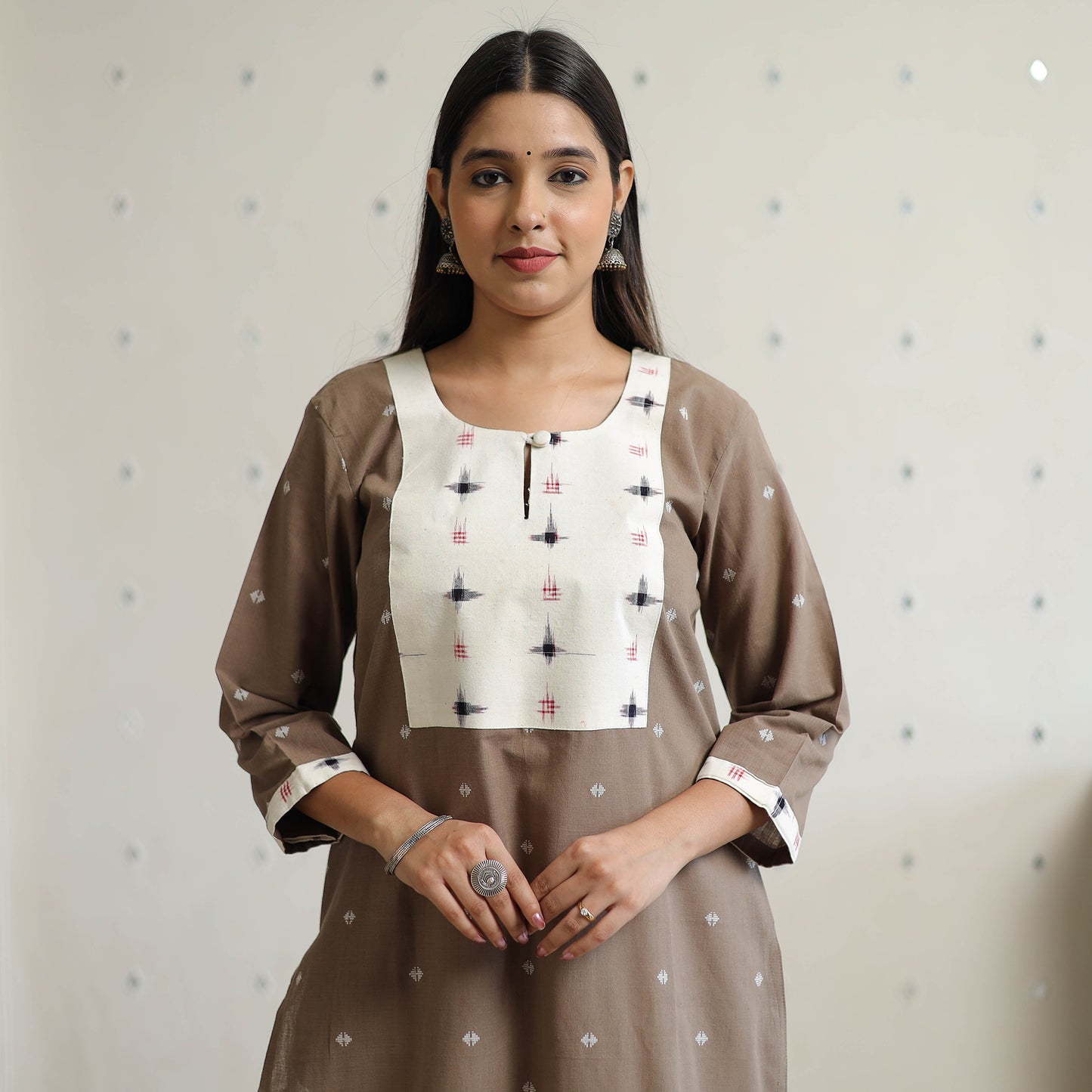 Brown - Jacquard Weave Cotton Straight Kurta with Ikat Patchwork 19