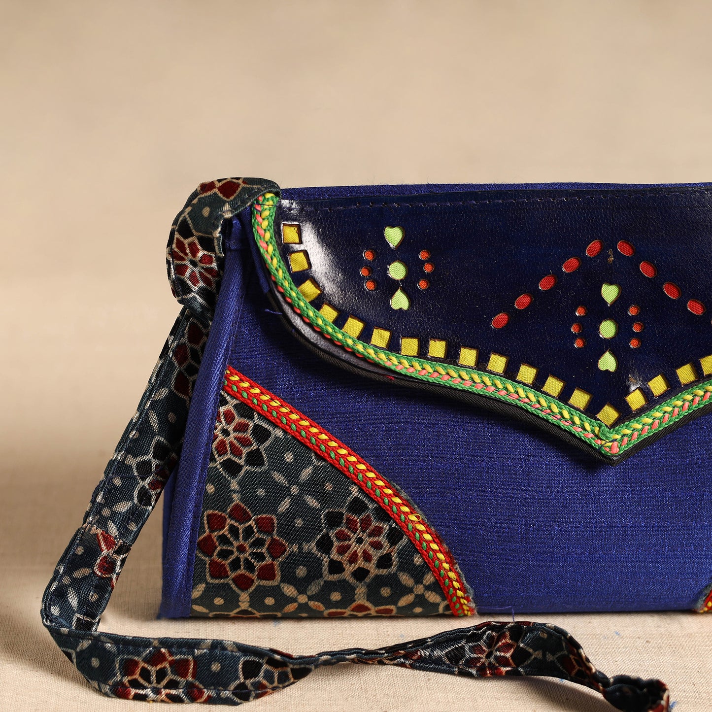 Traditional Kutch Patchwork Silk Leather Flap Sling Bag 32