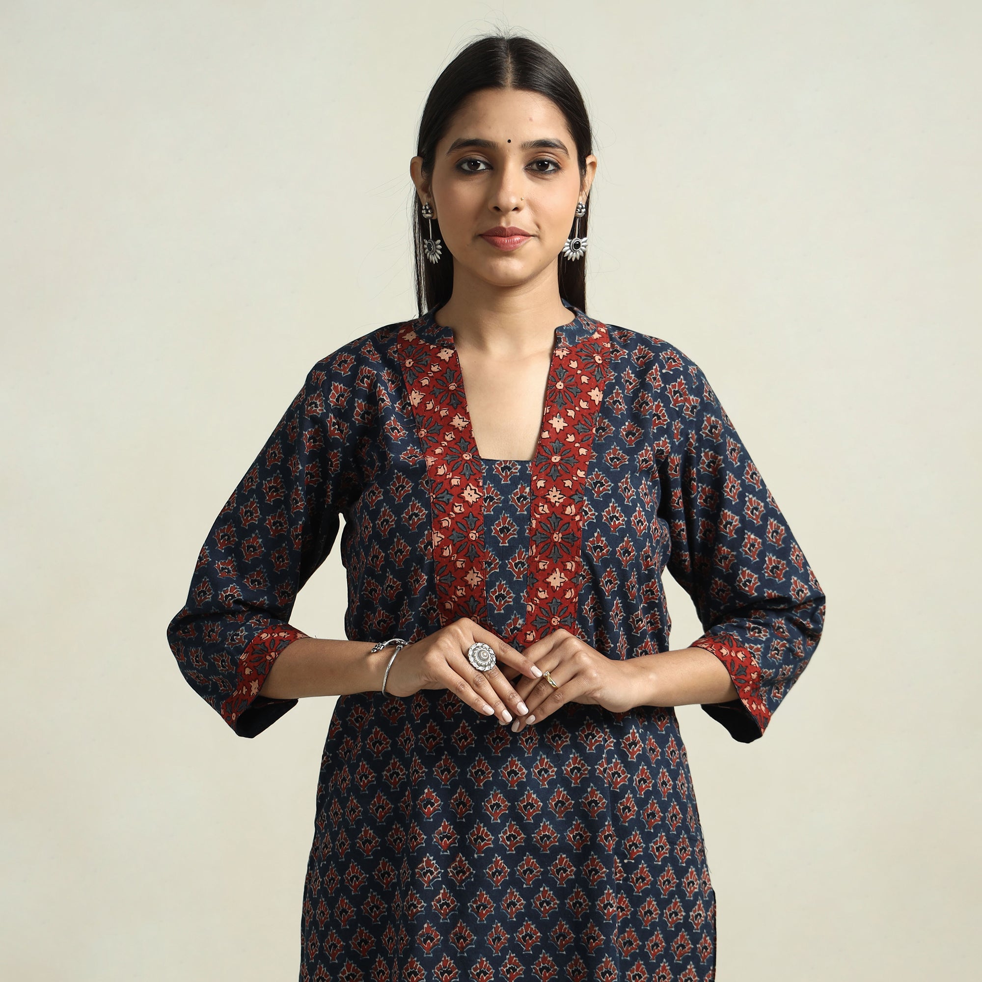 Black - Block Printed Cotton Straight Ajrakh Kurta 24