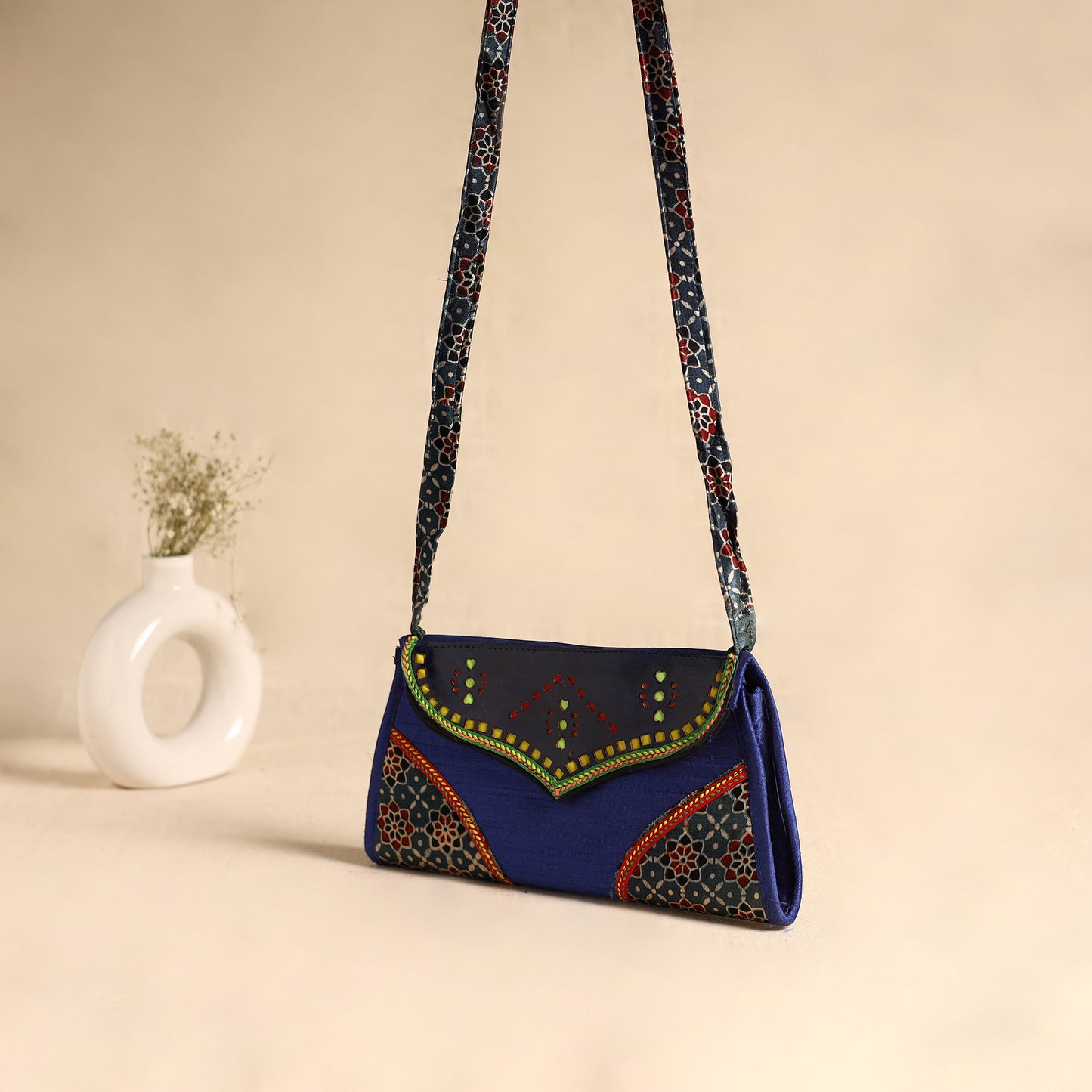 Traditional Kutch Patchwork Silk Leather Flap Sling Bag 32