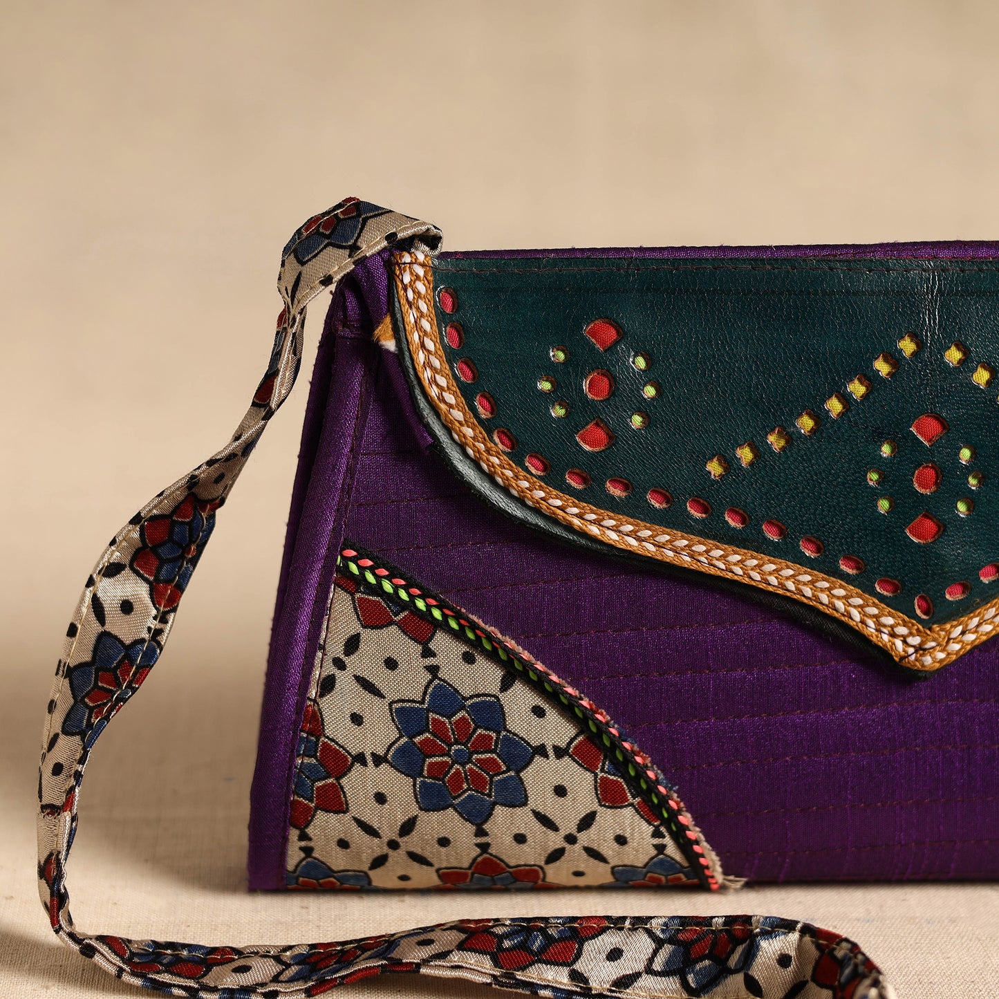 Traditional Kutch Patchwork Silk Leather Flap Sling Bag 33