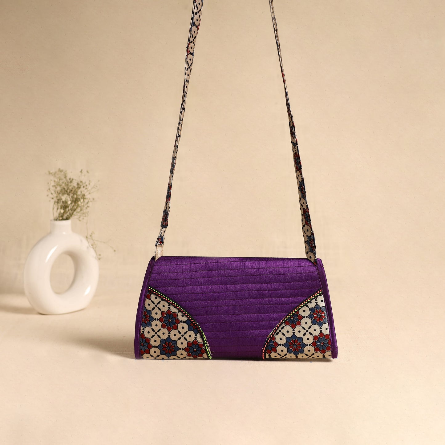 Traditional Kutch Patchwork Silk Leather Flap Sling Bag 33
