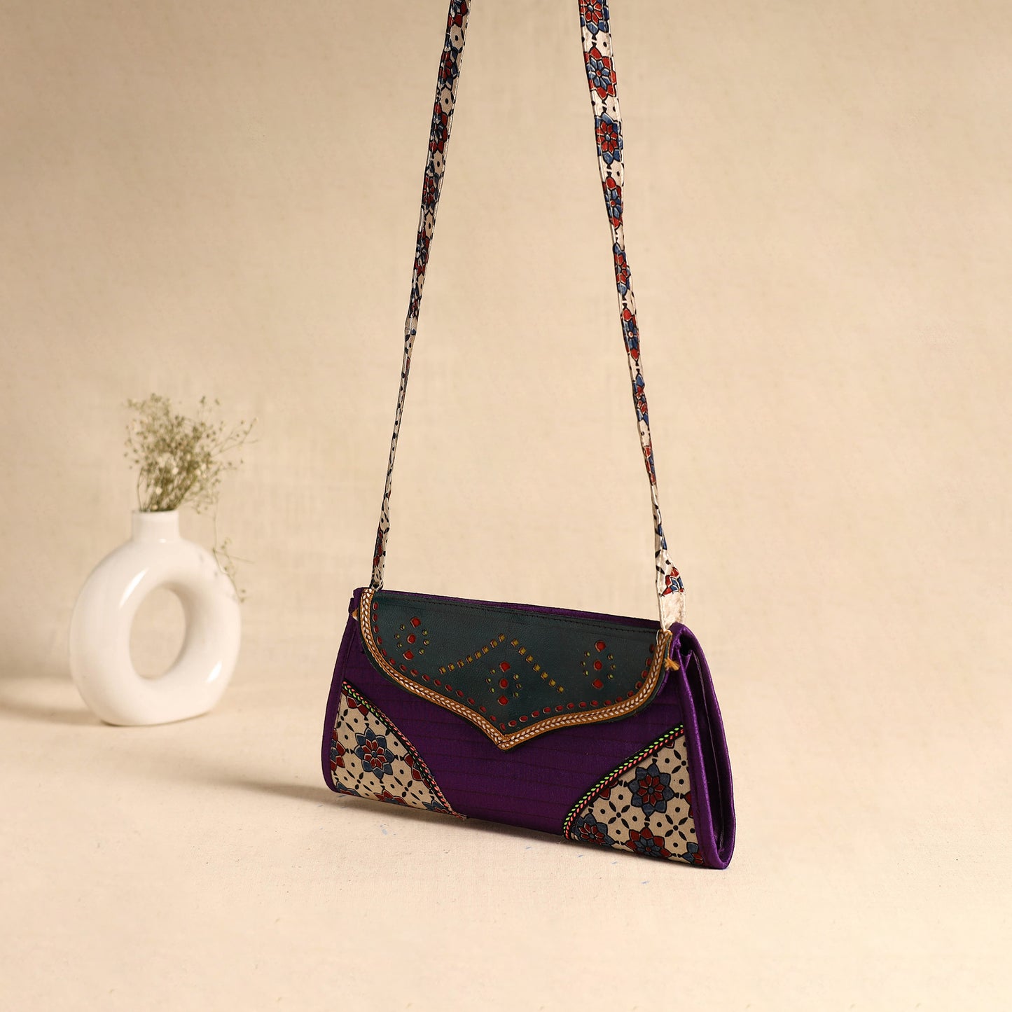 Traditional Kutch Patchwork Silk Leather Flap Sling Bag 33