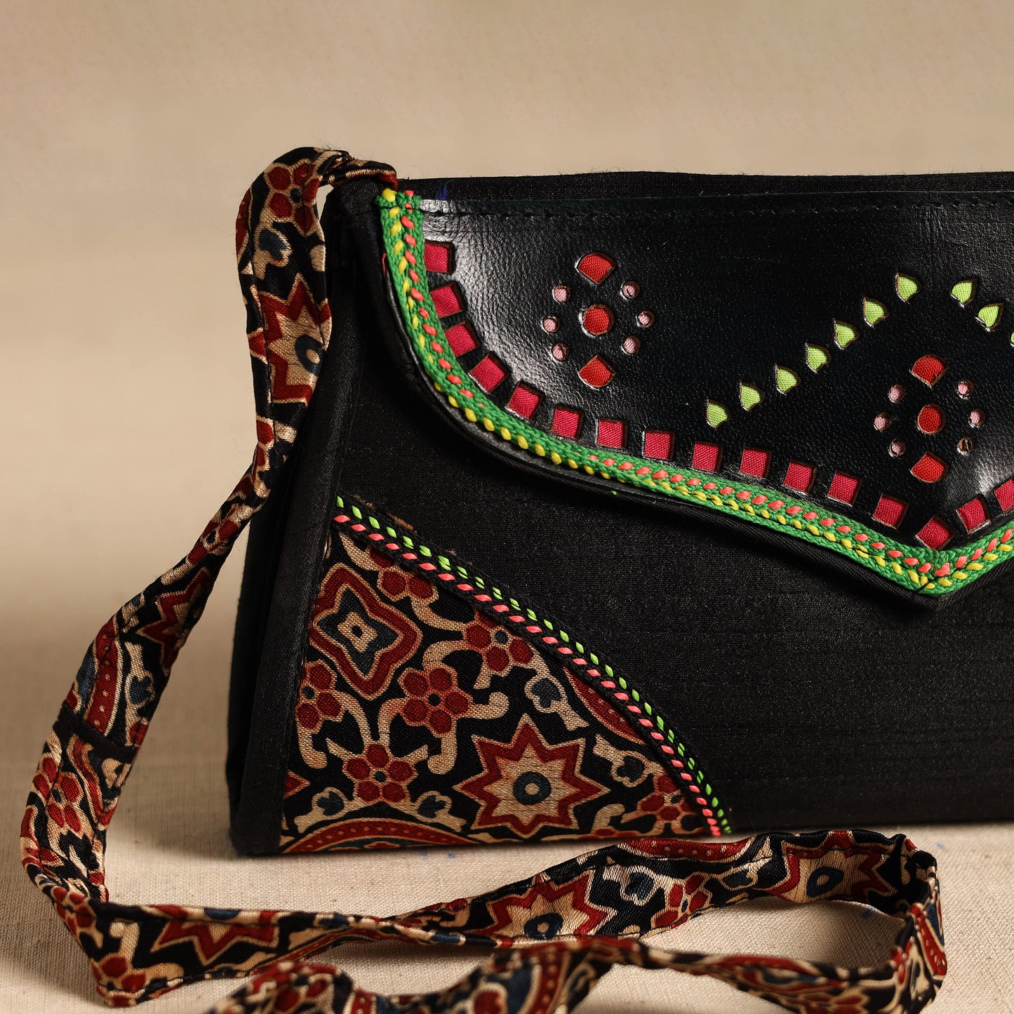 Traditional Kutch Patchwork Silk Leather Flap Sling Bag 34