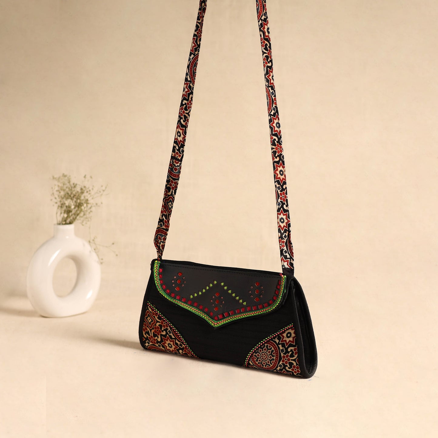 Traditional Kutch Patchwork Silk Leather Flap Sling Bag 34