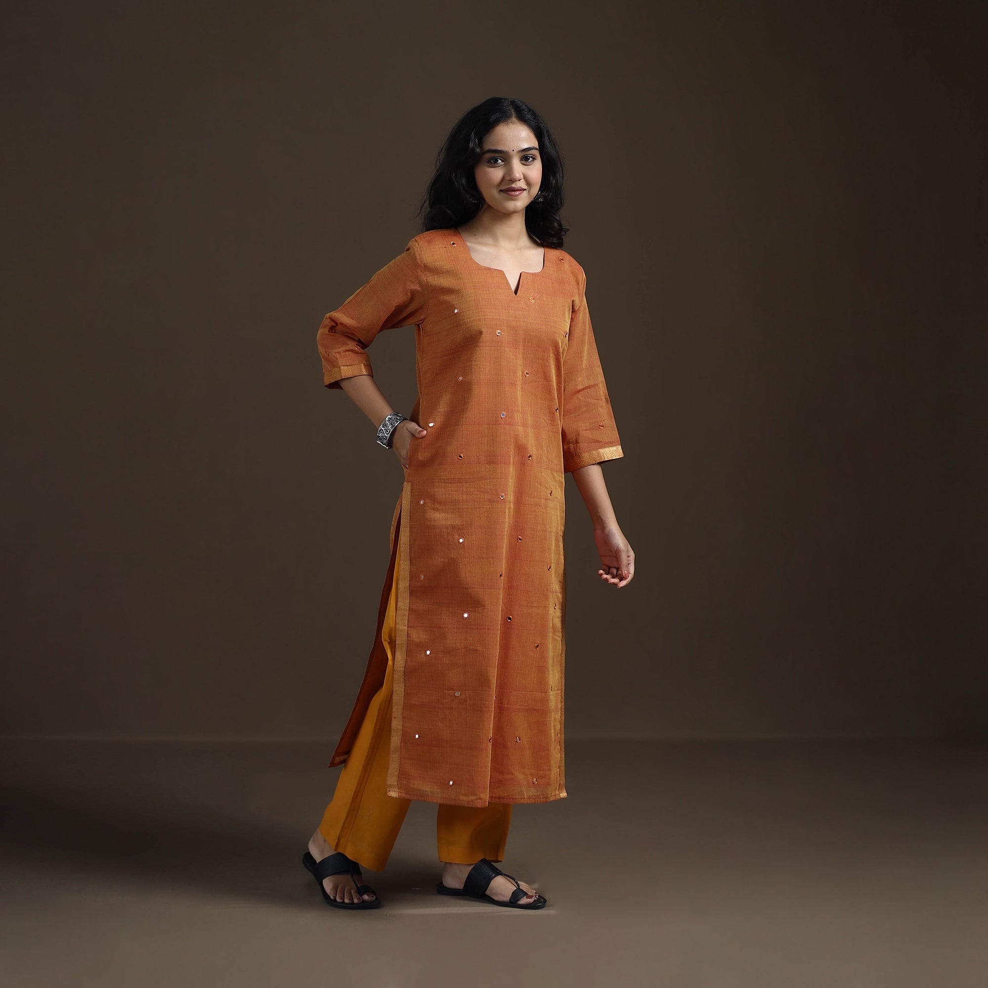 Yellow - Mangalagiri Pure Handwoven Cotton Mirror Work Straight Long Kurta for women 19