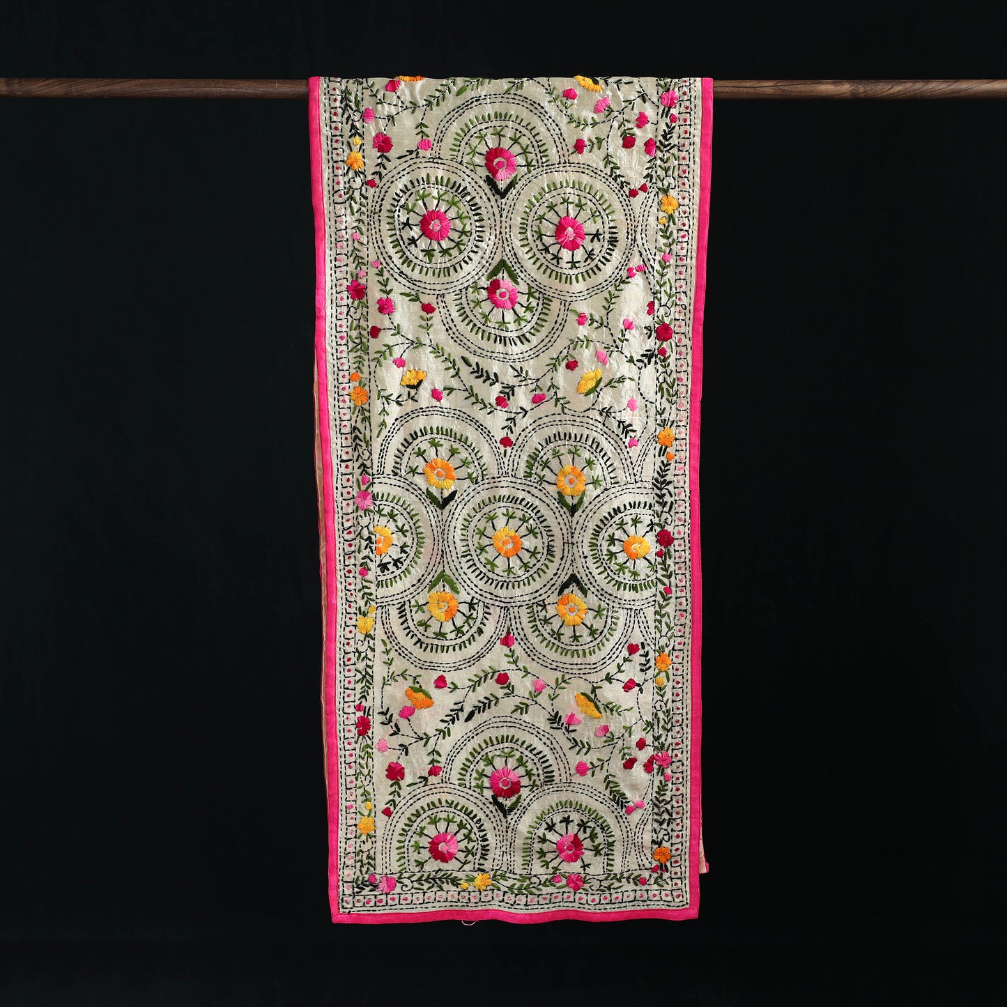 Beige - Ranihati Chanderi Silk Hand Embroidered Stole 49