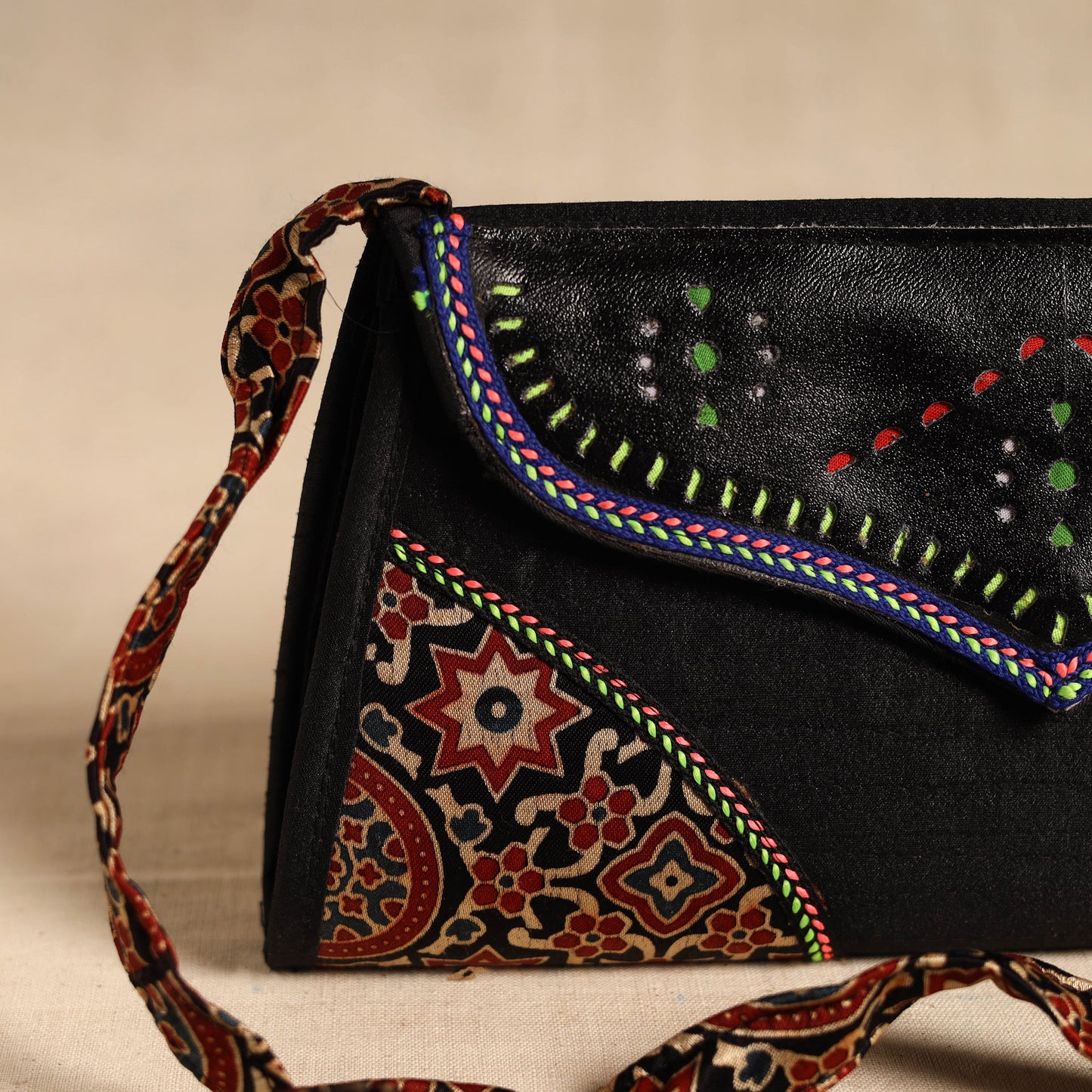 Traditional Kutch Patchwork Silk Leather Flap Sling Bag 37