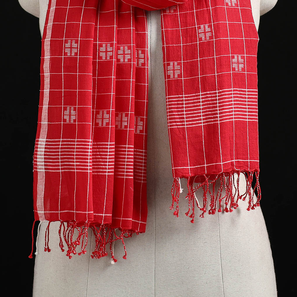 Red - Burdwan Jamdani Handloom Cotton Stole with Tassels 10