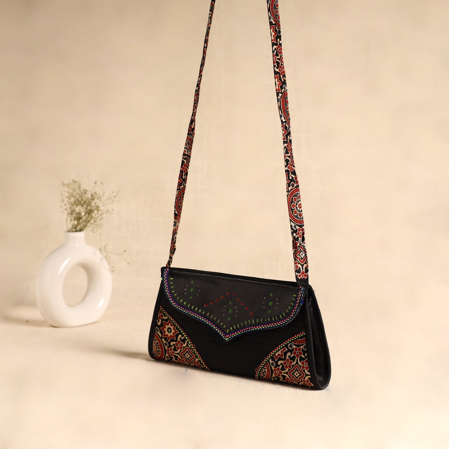 Traditional Kutch Patchwork Silk Leather Flap Sling Bag 37