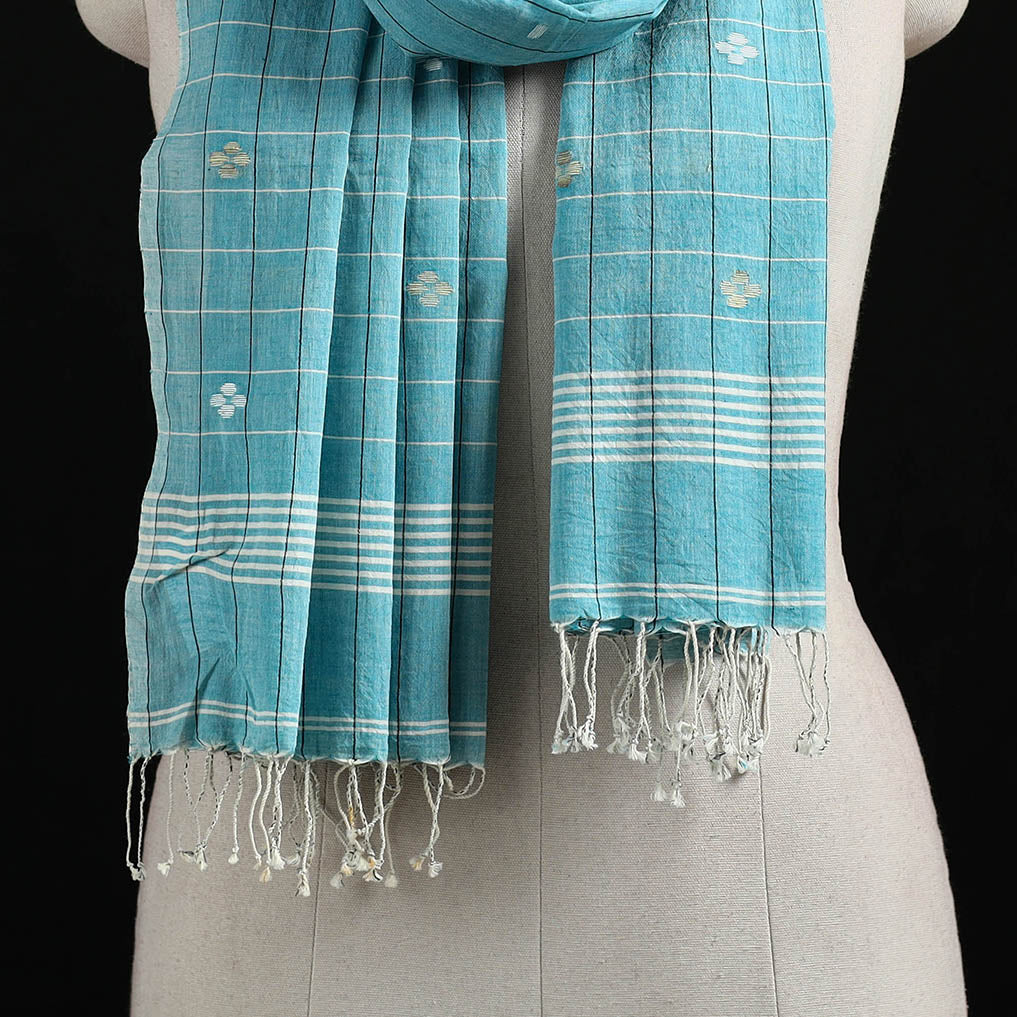 Blue - Burdwan Jamdani Handloom Cotton Stole with Tassels 17
