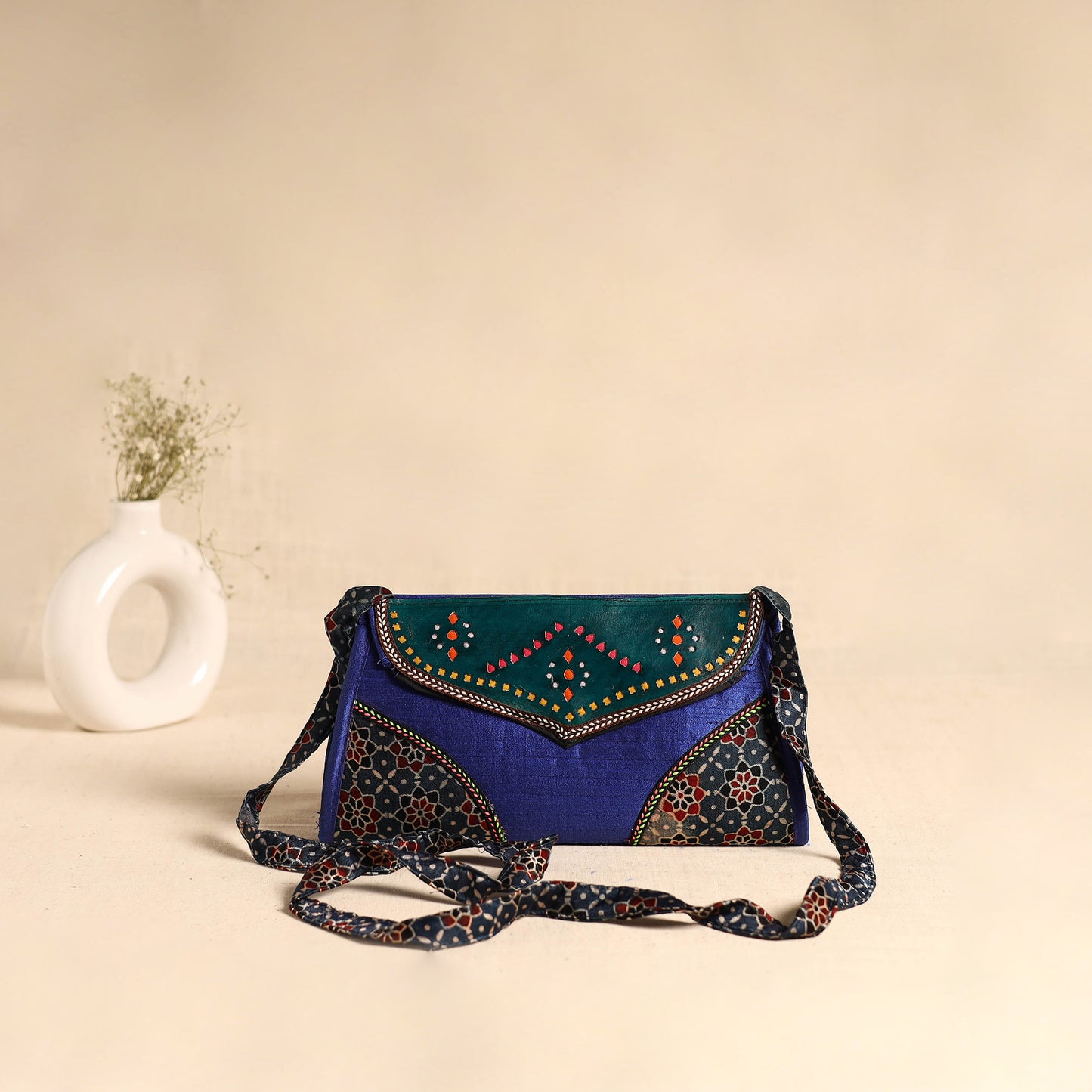 Traditional Kutch Patchwork Silk Leather Flap Sling Bag 38