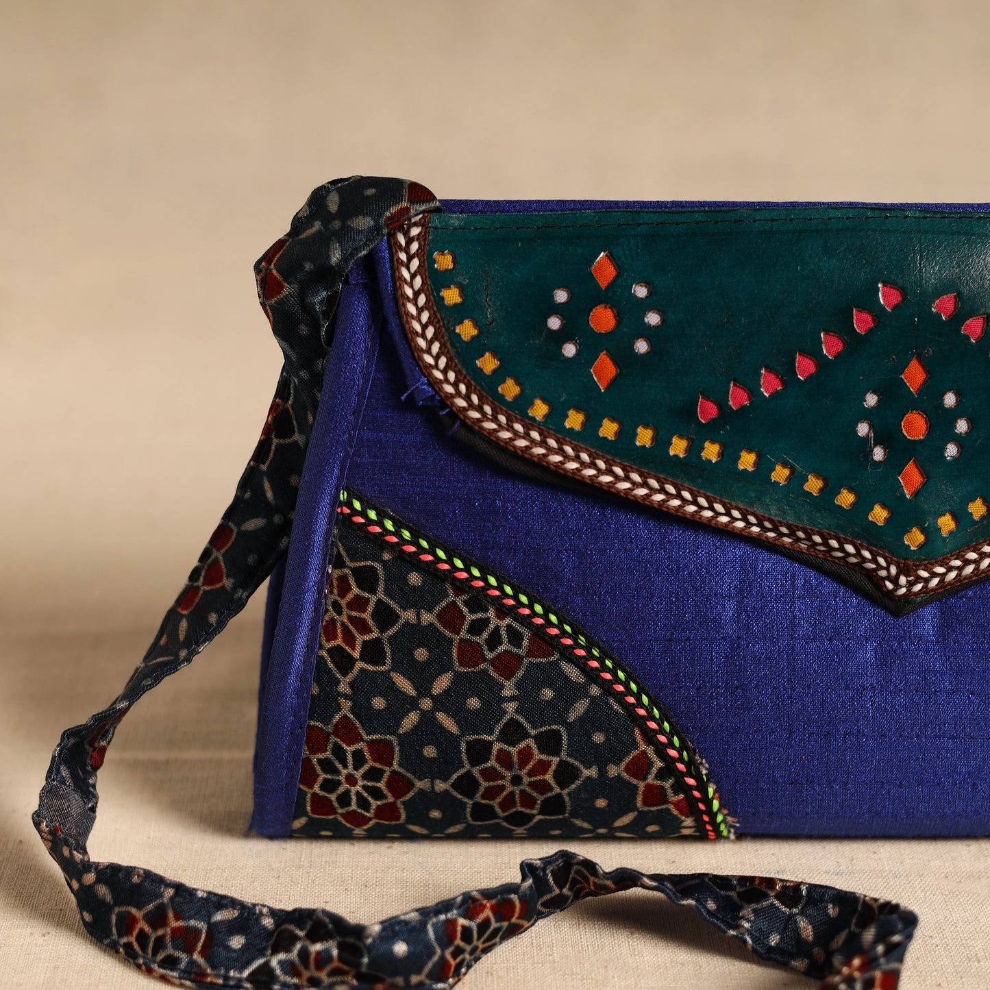 Traditional Kutch Patchwork Silk Leather Flap Sling Bag 38