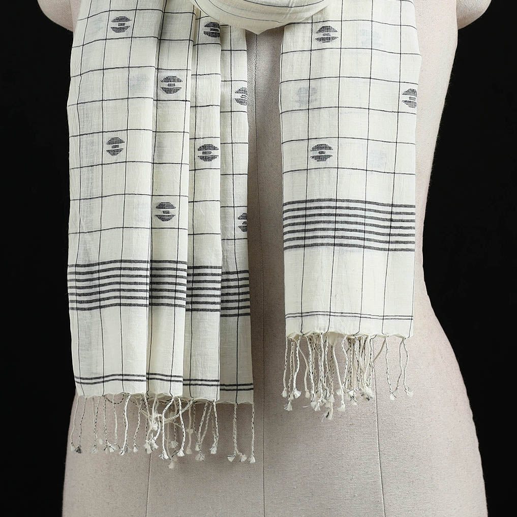 White - Burdwan Jamdani Handloom Cotton Stole with Tassels 16