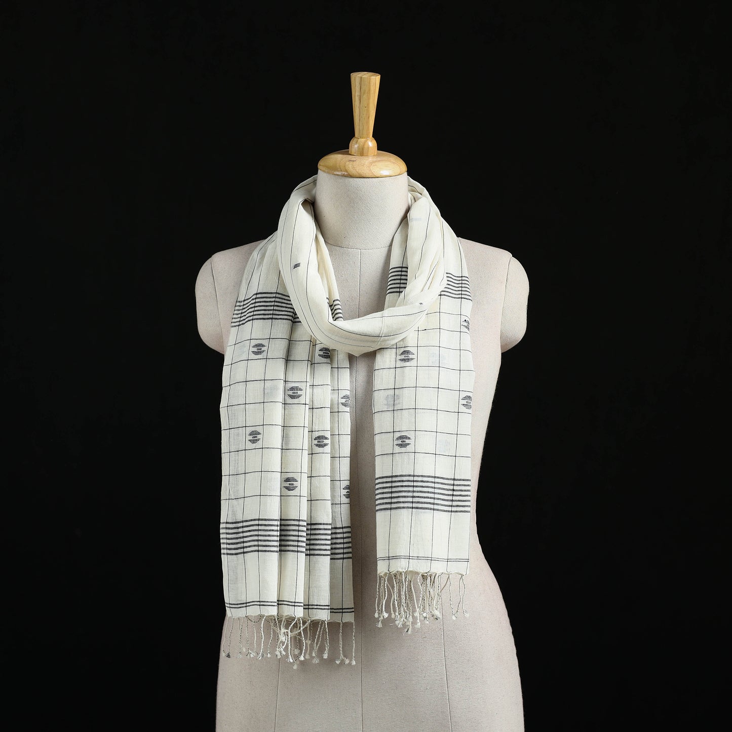 White - Burdwan Jamdani Handloom Cotton Stole with Tassels 16