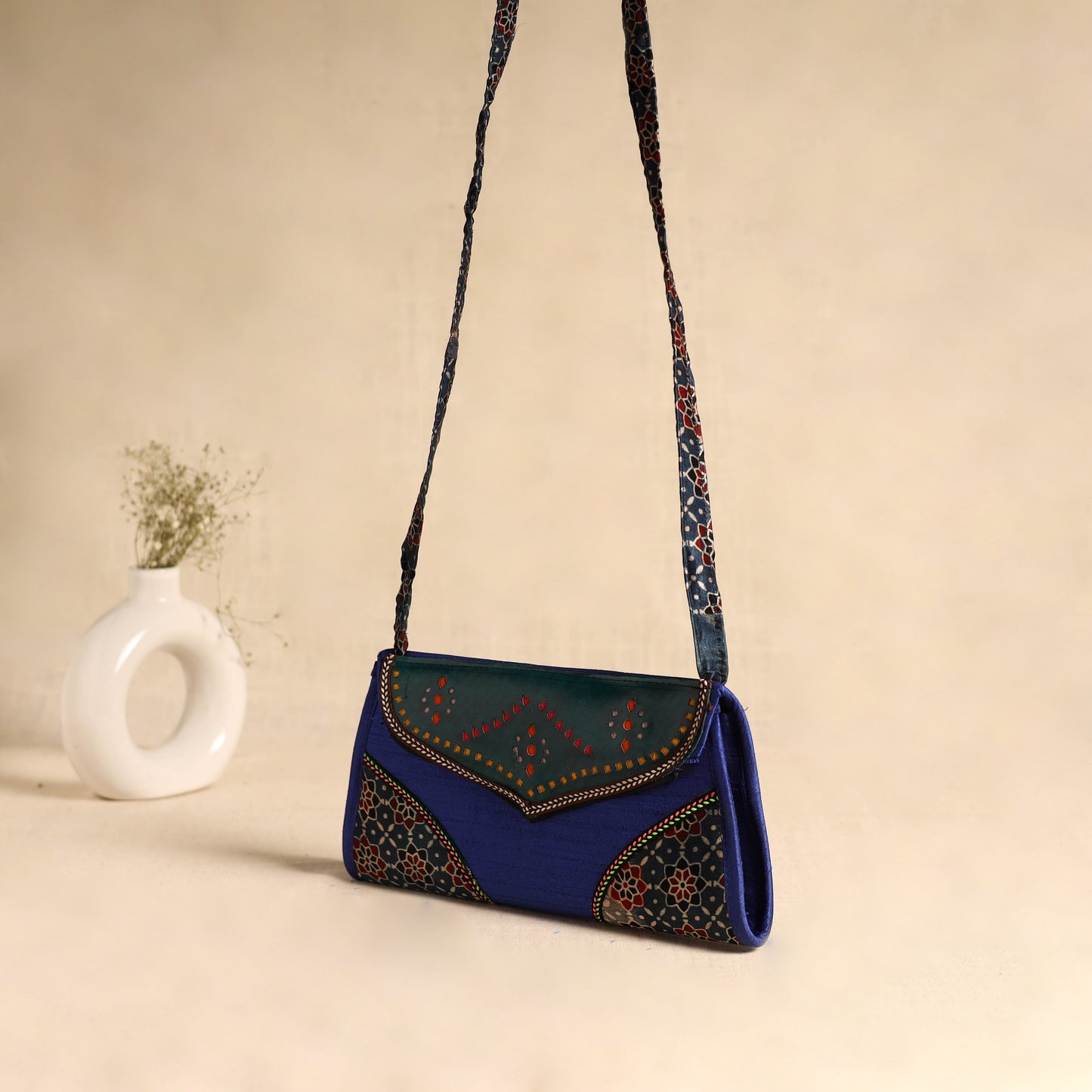 Traditional Kutch Patchwork Silk Leather Flap Sling Bag 38