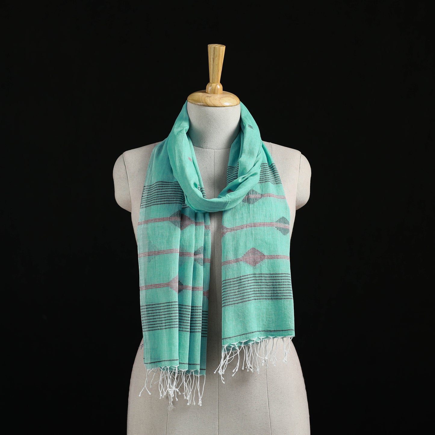 Green - Burdwan Jamdani Handloom Cotton Stole with Tassels 15