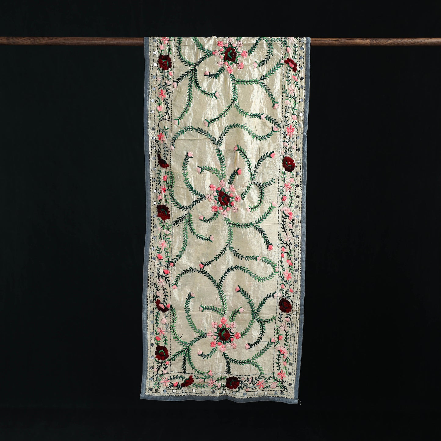 Beige - Ranihati Chanderi Silk Hand Embroidered Stole 38