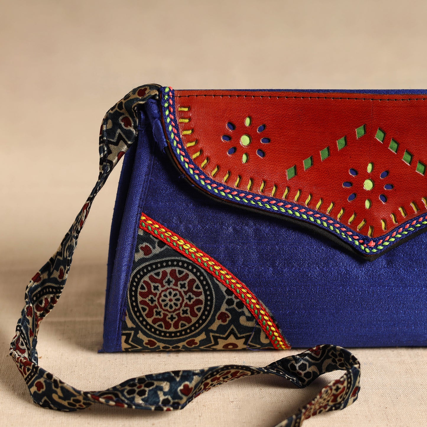 Traditional Kutch Patchwork Silk Leather Flap Sling Bag 39