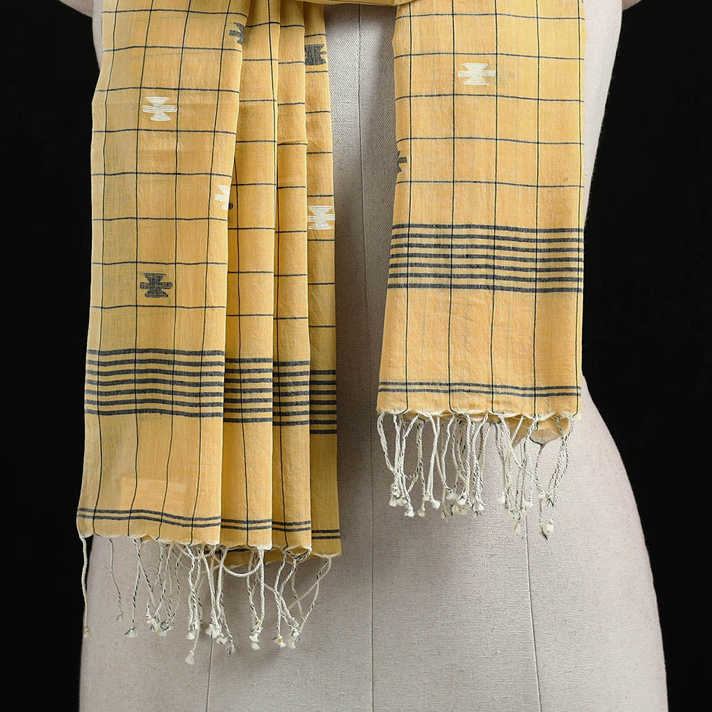 Yellow - Burdwan Jamdani Handloom Cotton Stole with Tassels 13