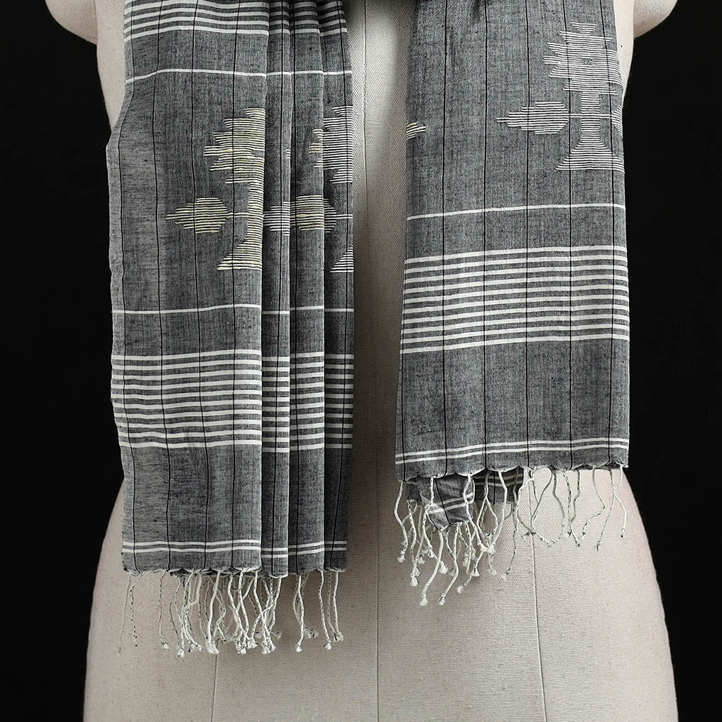Grey - Burdwan Jamdani Handloom Cotton Stole with Tassels 11