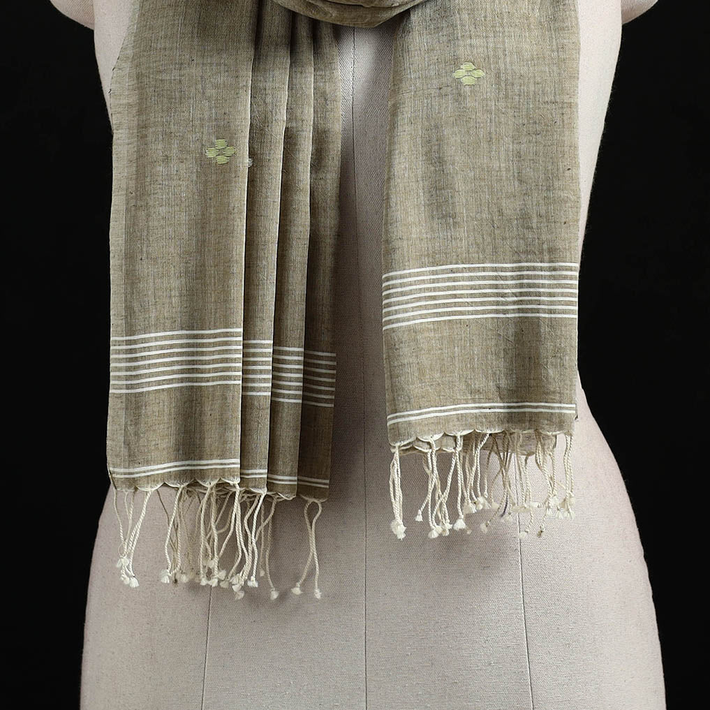 Brown - Burdwan Jamdani Handloom Cotton Stole with Tassels 09