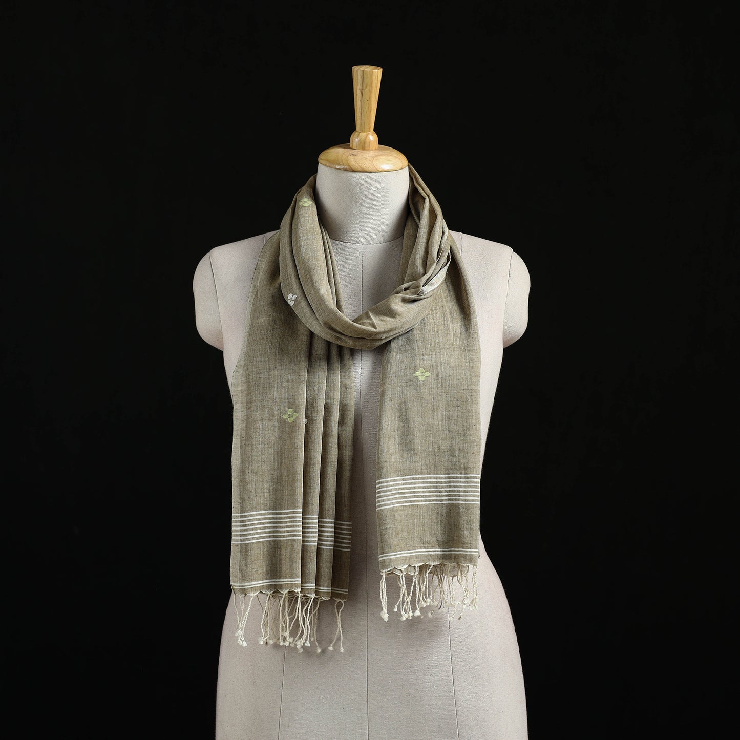 Brown - Burdwan Jamdani Handloom Cotton Stole with Tassels 09