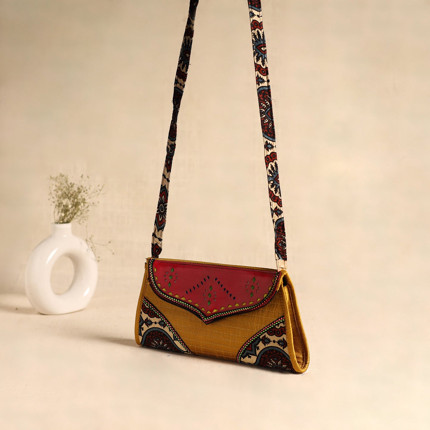Traditional Kutch Patchwork Silk Leather Flap Sling Bag 40