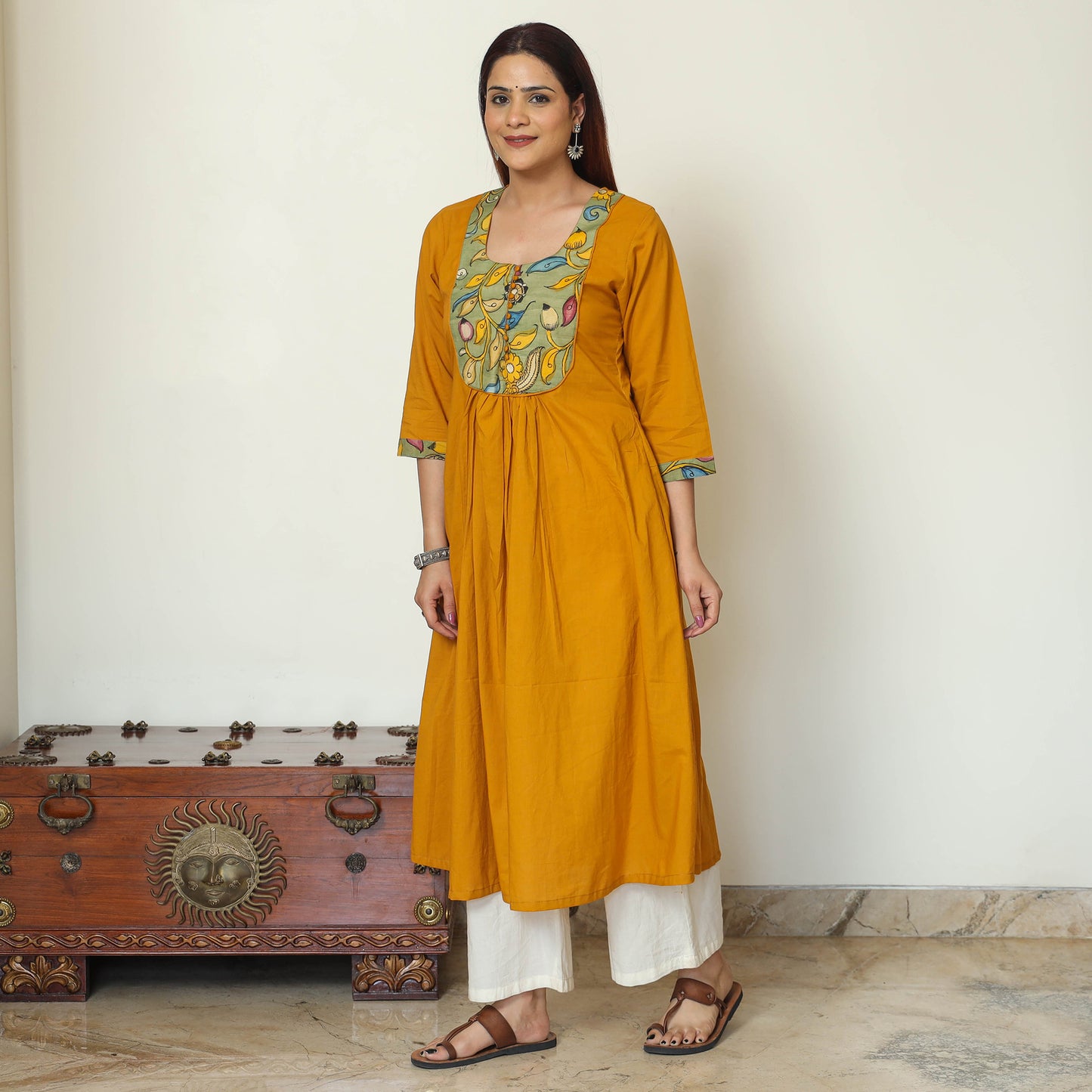 Srikalahasti Kalamkari Patchwork Plain Cotton A-Line Kurta for Women