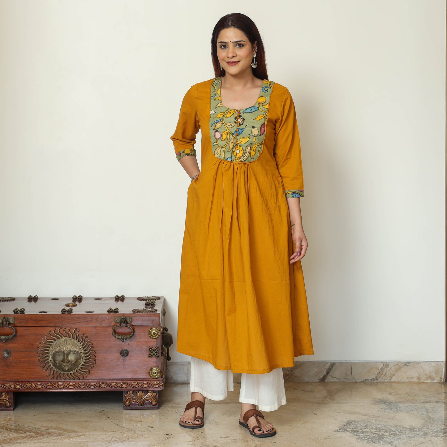 Srikalahasti Kalamkari Patchwork Plain Cotton A-Line Kurta for Women