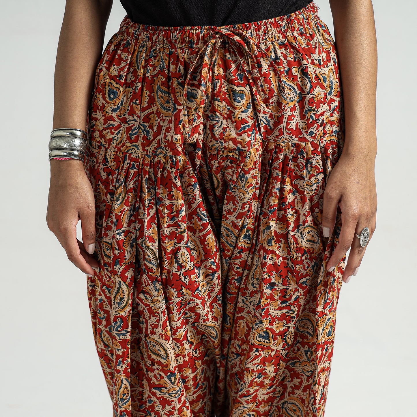 Red - Kalamkari Block Printed Cotton Elasticated Salwar