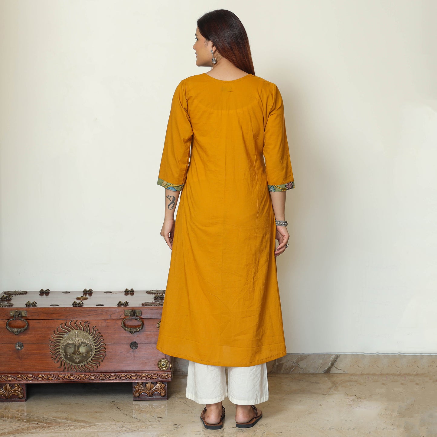 Srikalahasti Kalamkari Patchwork Plain Cotton A-Line Kurta for Women