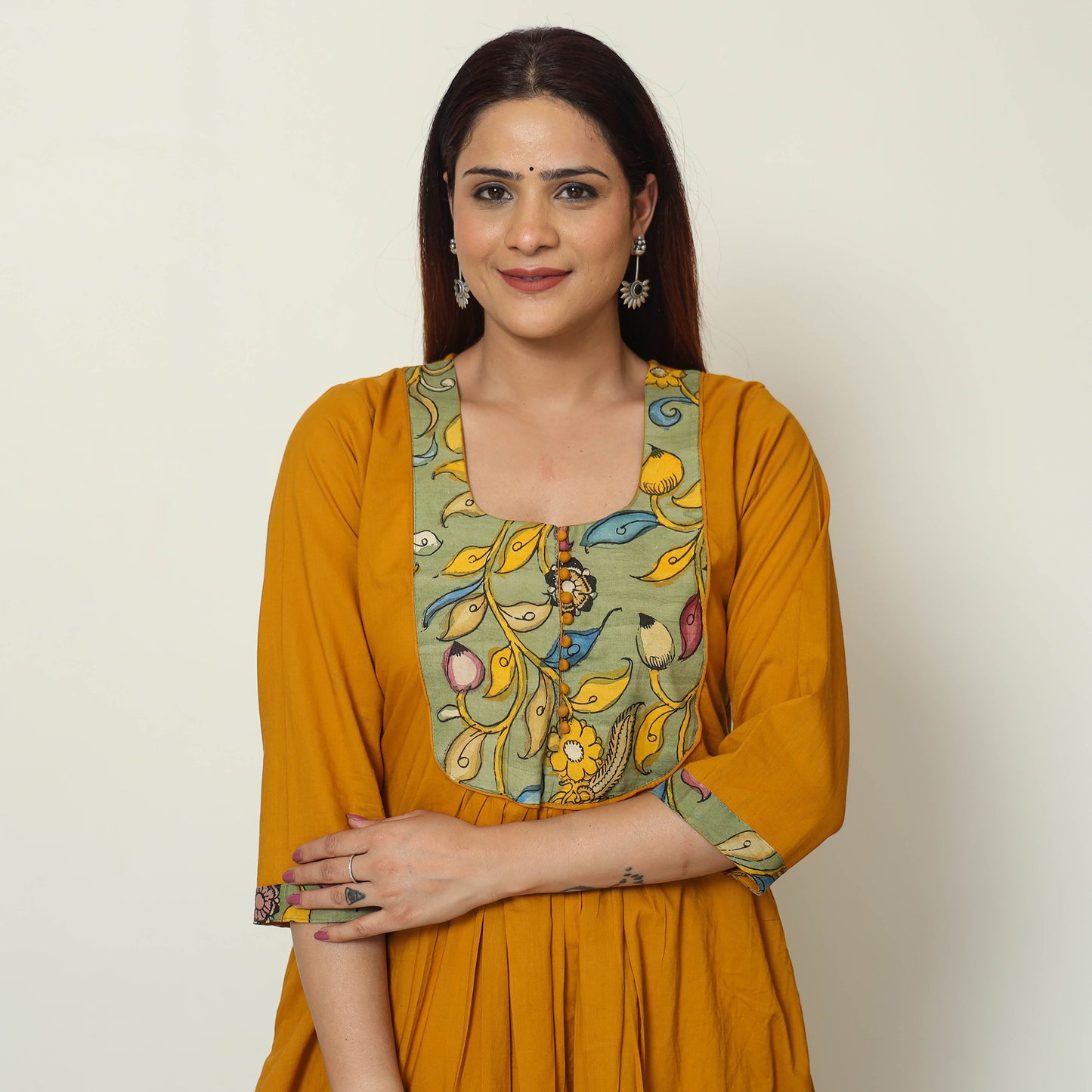 Srikalahasti Kalamkari Patchwork Plain Cotton A-Line Kurta for Women