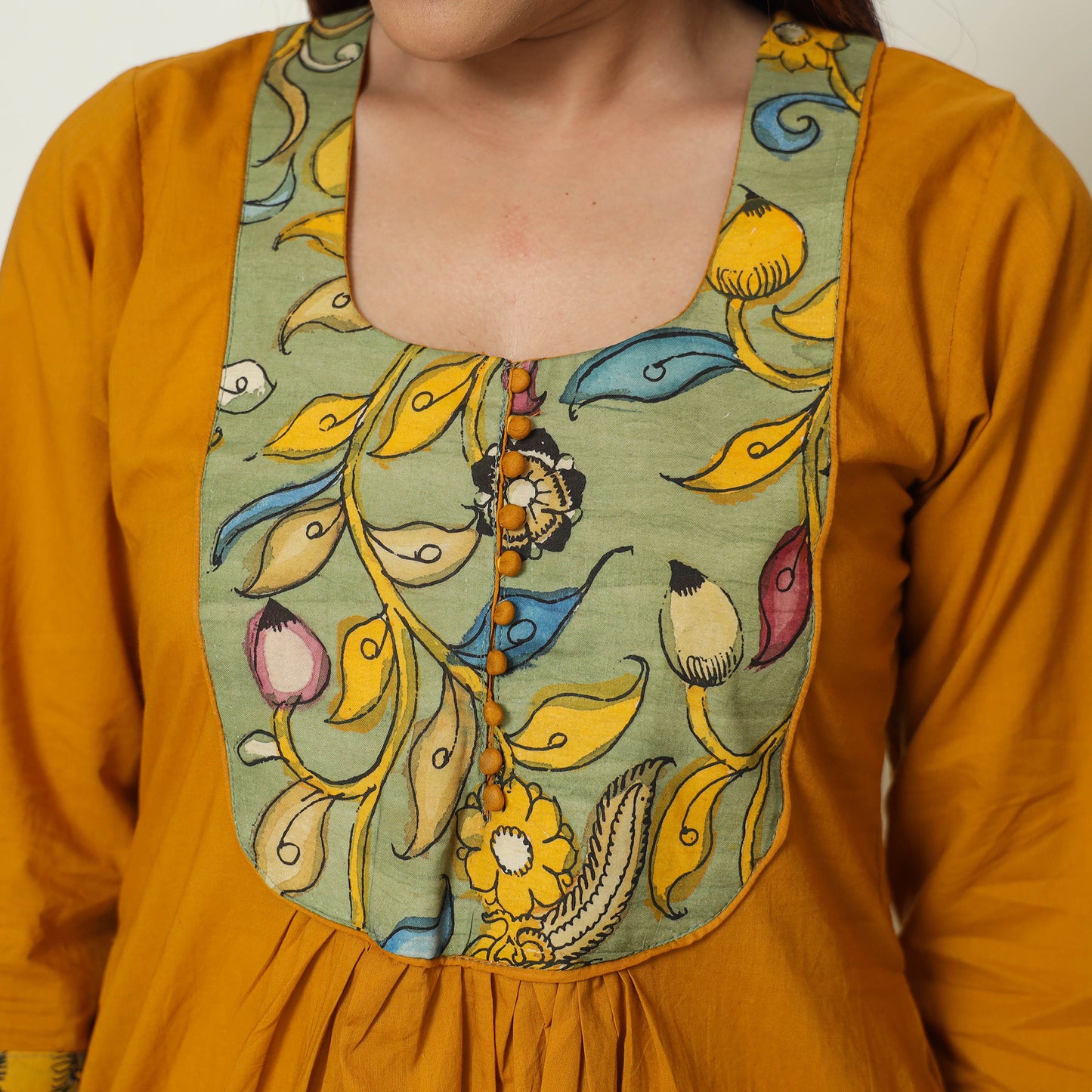 Srikalahasti Kalamkari Patchwork Plain Cotton A-Line Kurta for Women