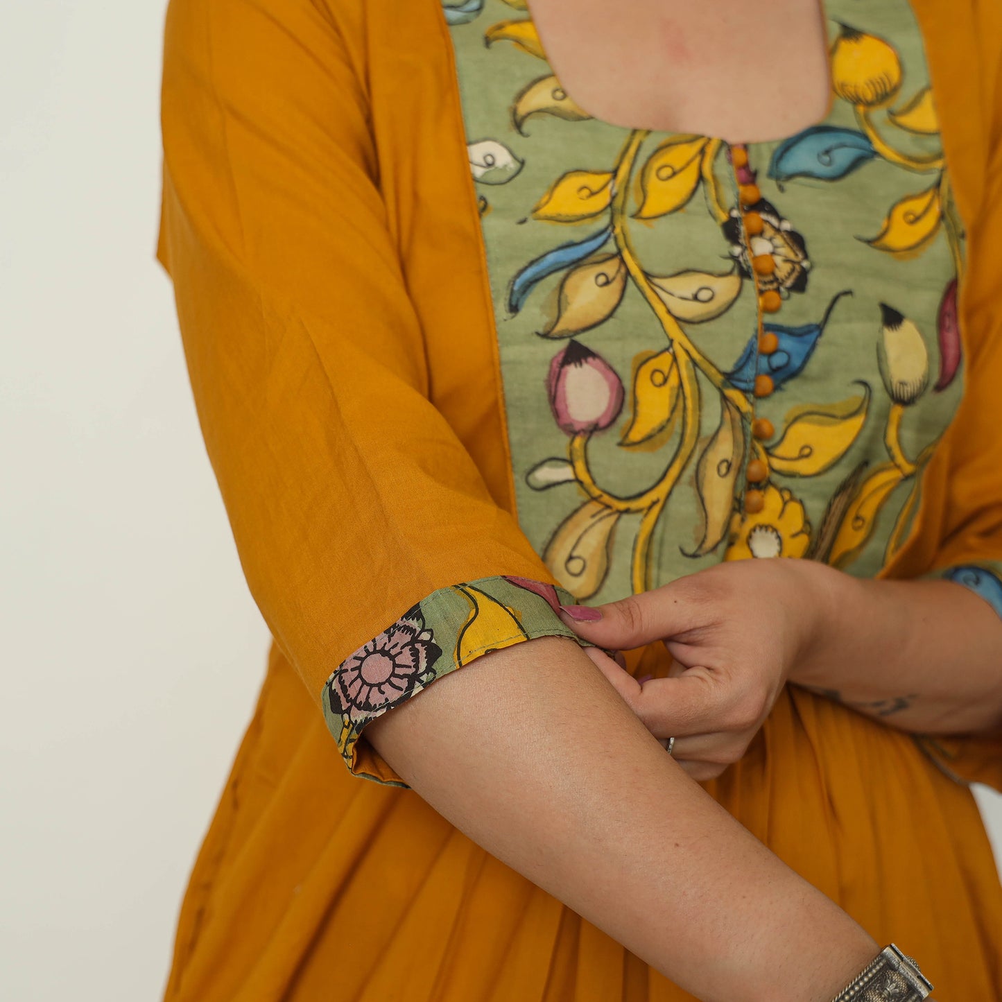 Srikalahasti Kalamkari Patchwork Plain Cotton A-Line Kurta for Women