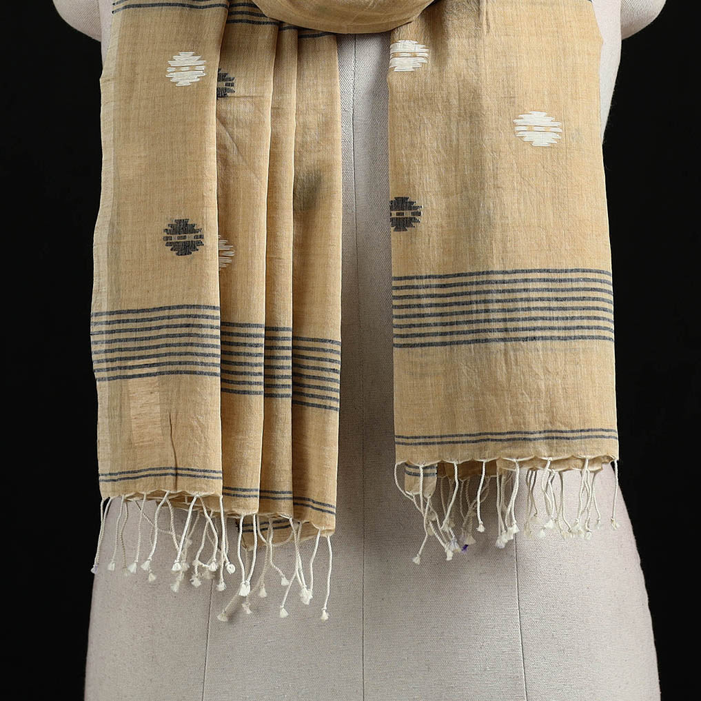 Beige - Burdwan Jamdani Handloom Cotton Stole with Tassels 02