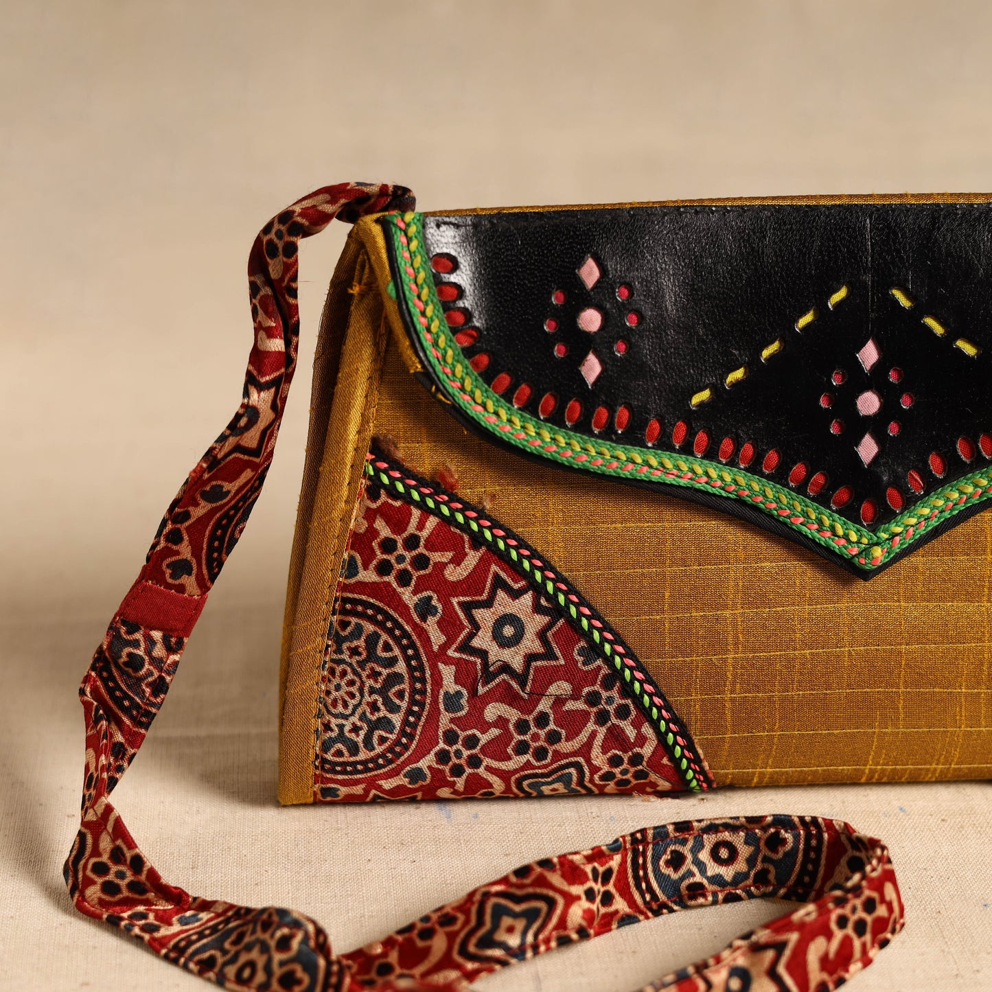 Traditional Kutch Patchwork Silk Leather Flap Sling Bag 42