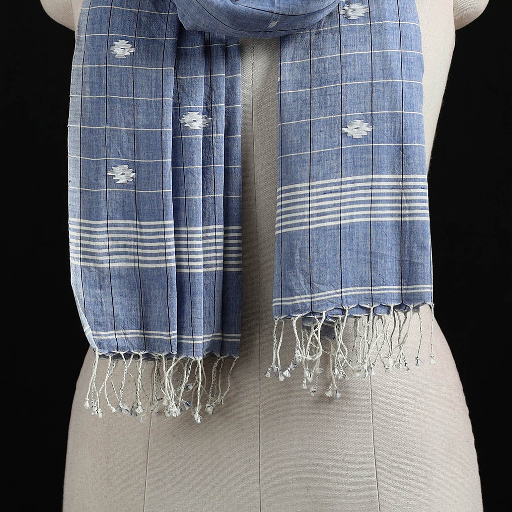 Blue - Burdwan Jamdani Handloom Cotton Stole with Tassels 01