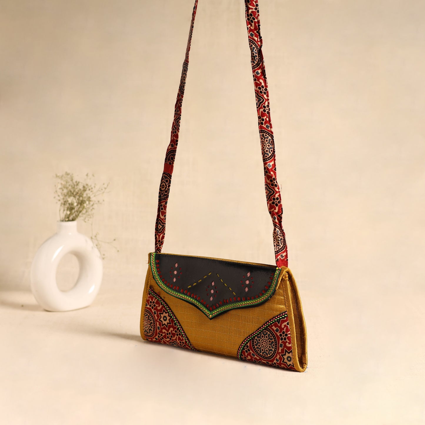 Traditional Kutch Patchwork Silk Leather Flap Sling Bag 42