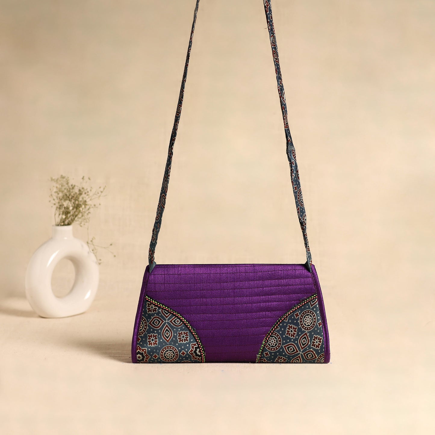 Traditional Kutch Patchwork Silk Leather Flap Sling Bag 43