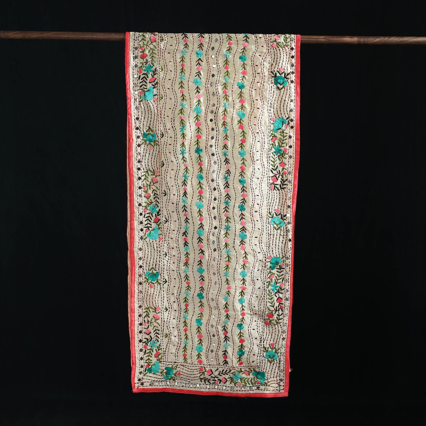 Beige - Ranihati Chanderi Silk Hand Embroidered Stole 22