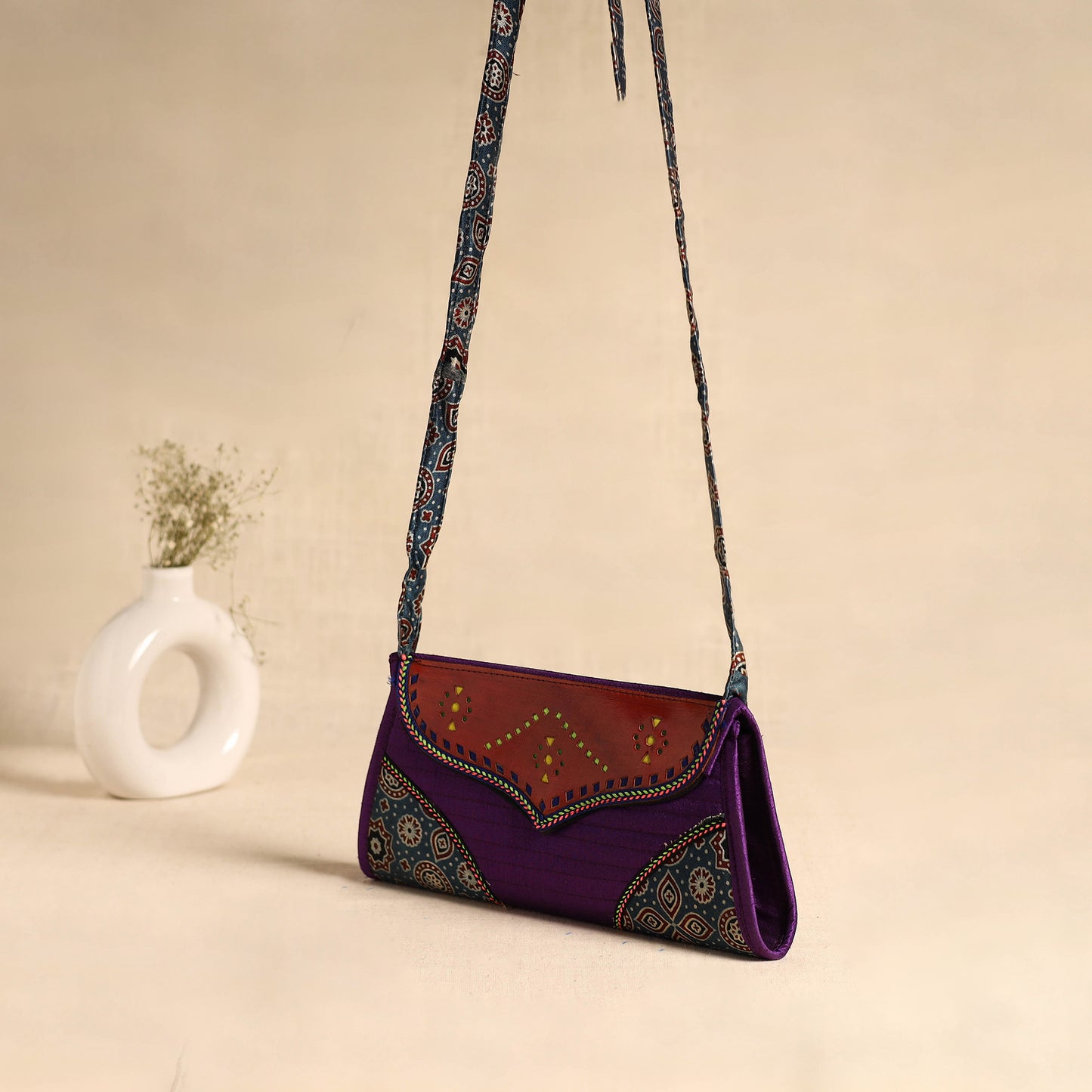 Traditional Kutch Patchwork Silk Leather Flap Sling Bag 43