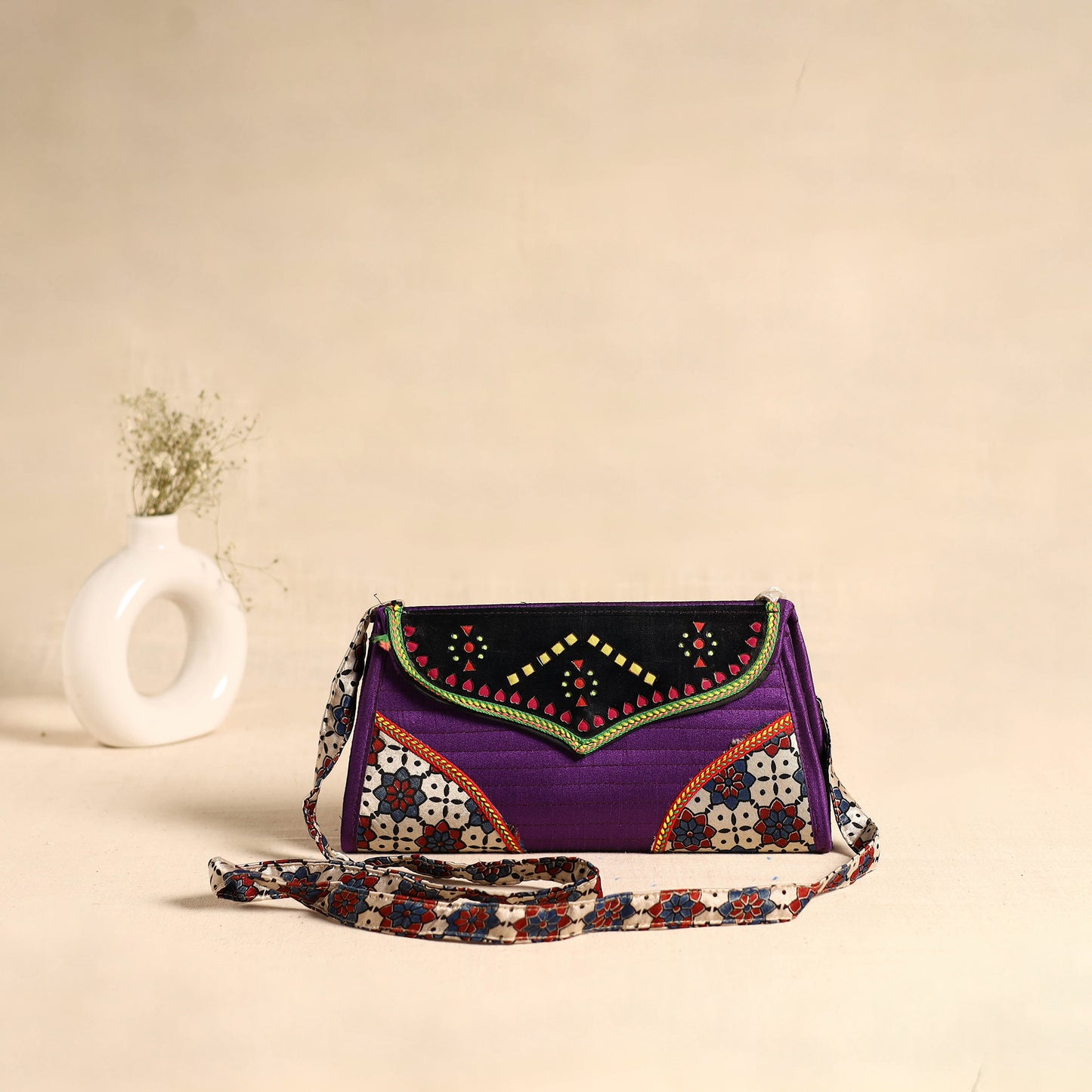 Traditional Kutch Patchwork Silk Leather Flap Sling Bag 44