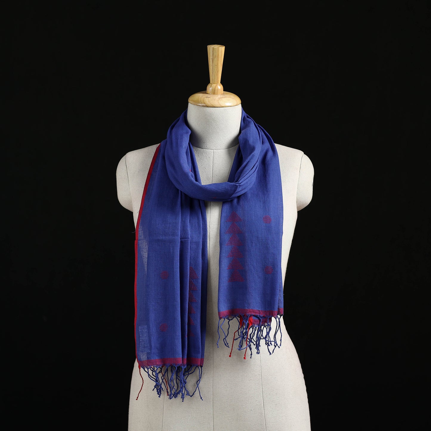 Blue - Burdwan Jamdani Handloom Cotton Stole with Tassels 08