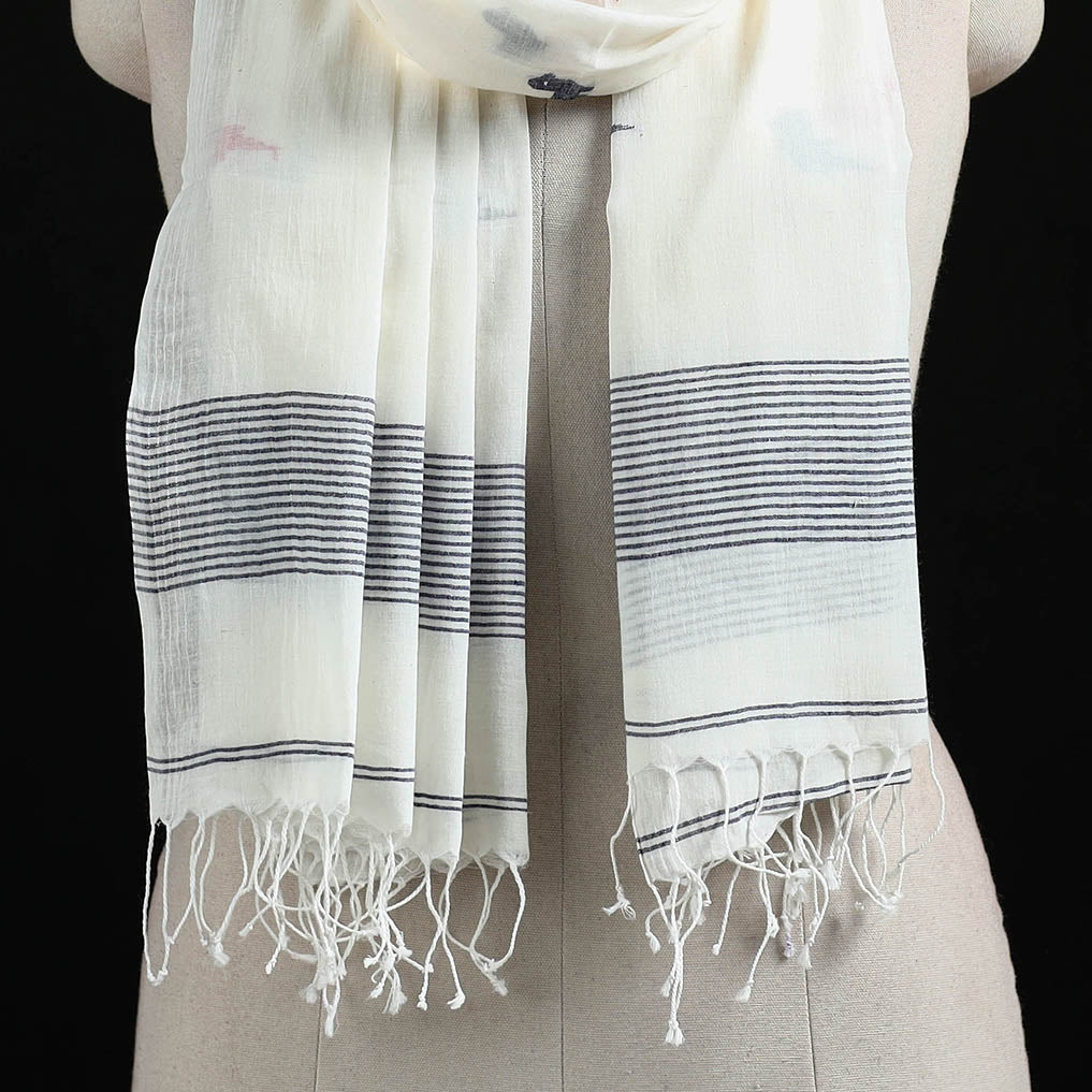 White - Burdwan Jamdani Handloom Cotton Stole with Tassels 09
