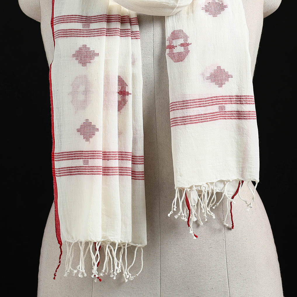 White - Burdwan Jamdani Handloom Cotton Stole with Tassels 12