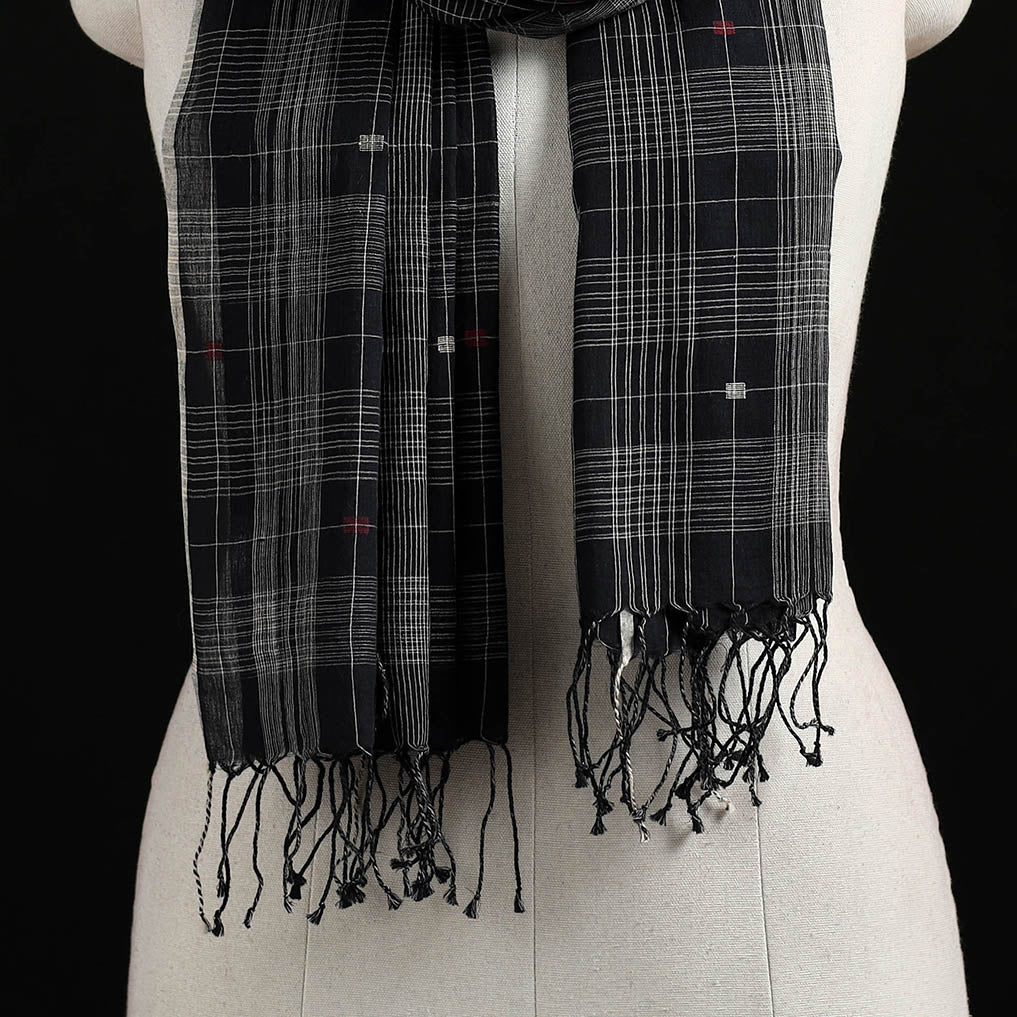 Black - Burdwan Jamdani Handloom Cotton Stole with Tassels 13